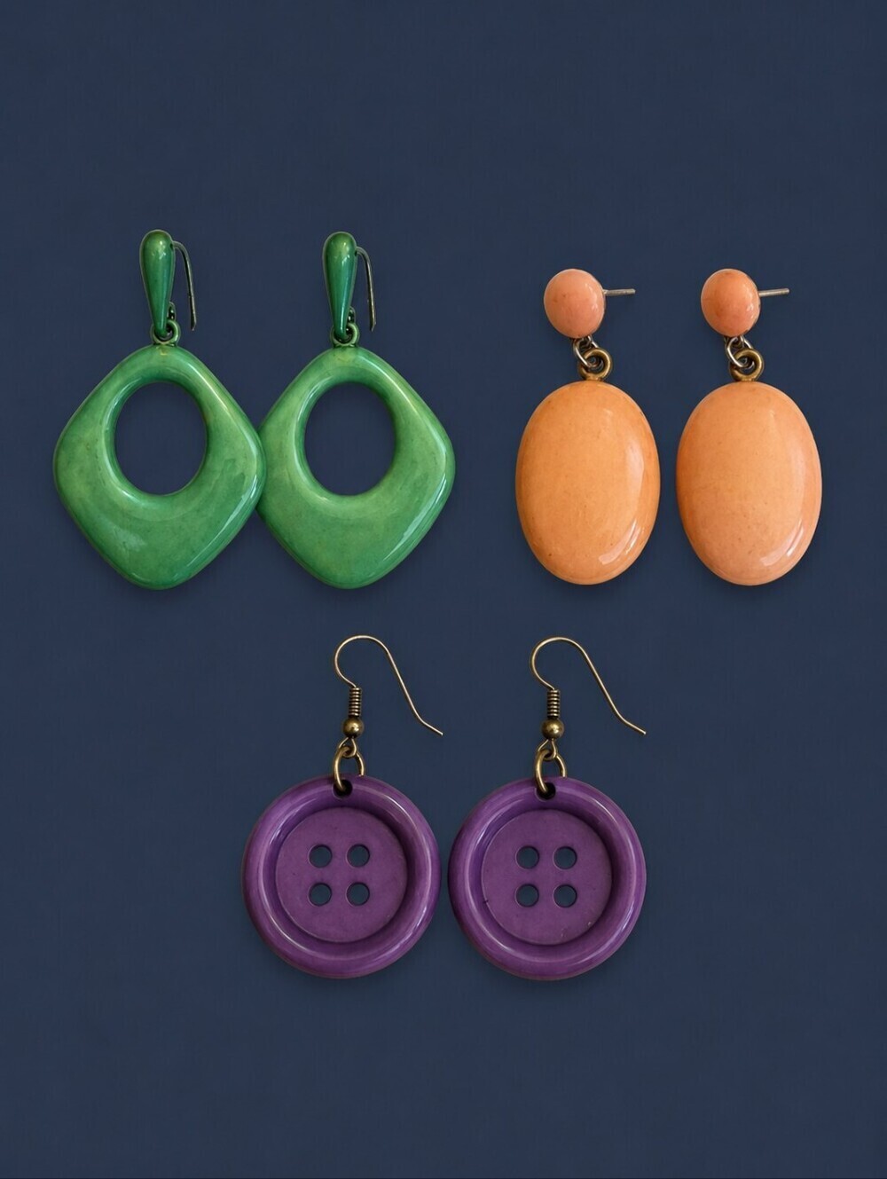 Vintage Set of Three 1980s Mod and Button Dangle Earrings
